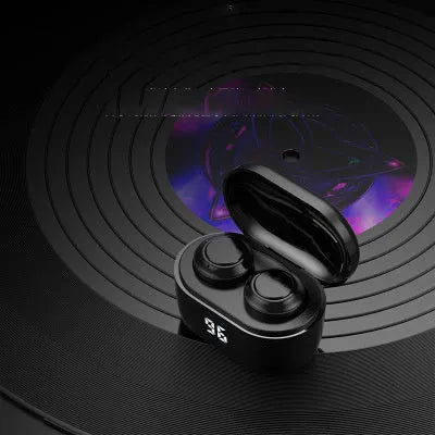 Black wireless stereo Bluetooth in-ear headphones with earplug design for hands-free calls and music.