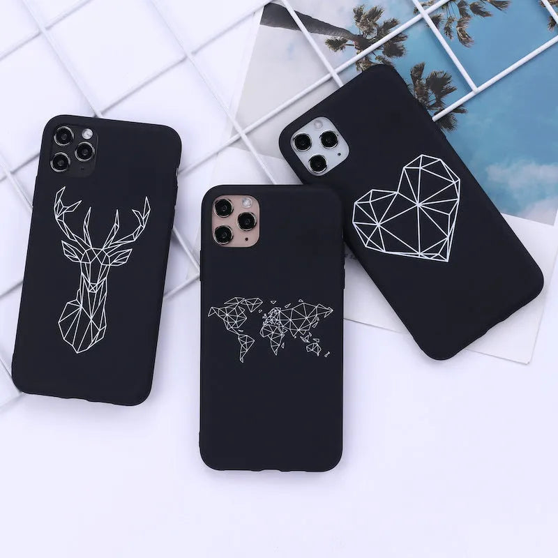 A TPU phone case with a painted line art drawing of a deer on a solid colour background.
