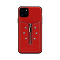 Black PU leather zipper phone case for iPhone 11 Pro shown closed and open.