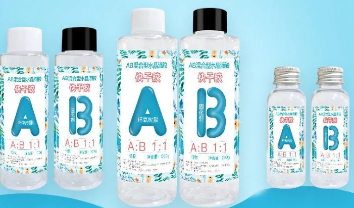 Quick curing clear AB epoxy resin bottles for DIY jewellery and craft projects.