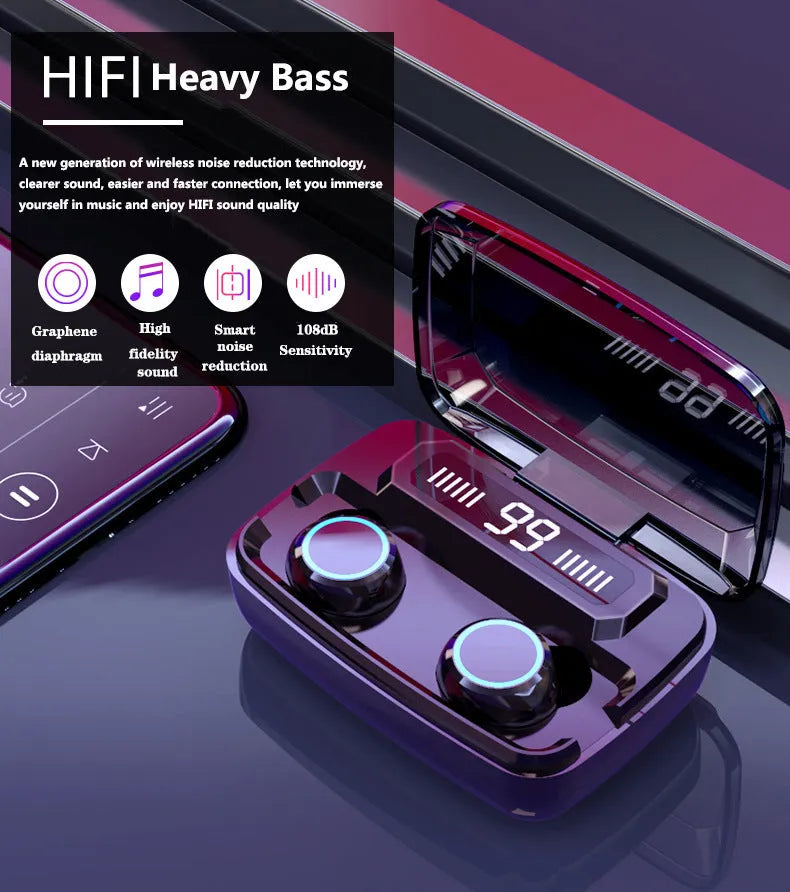 Black M11 wireless Bluetooth headset with charging case featuring a digital display.