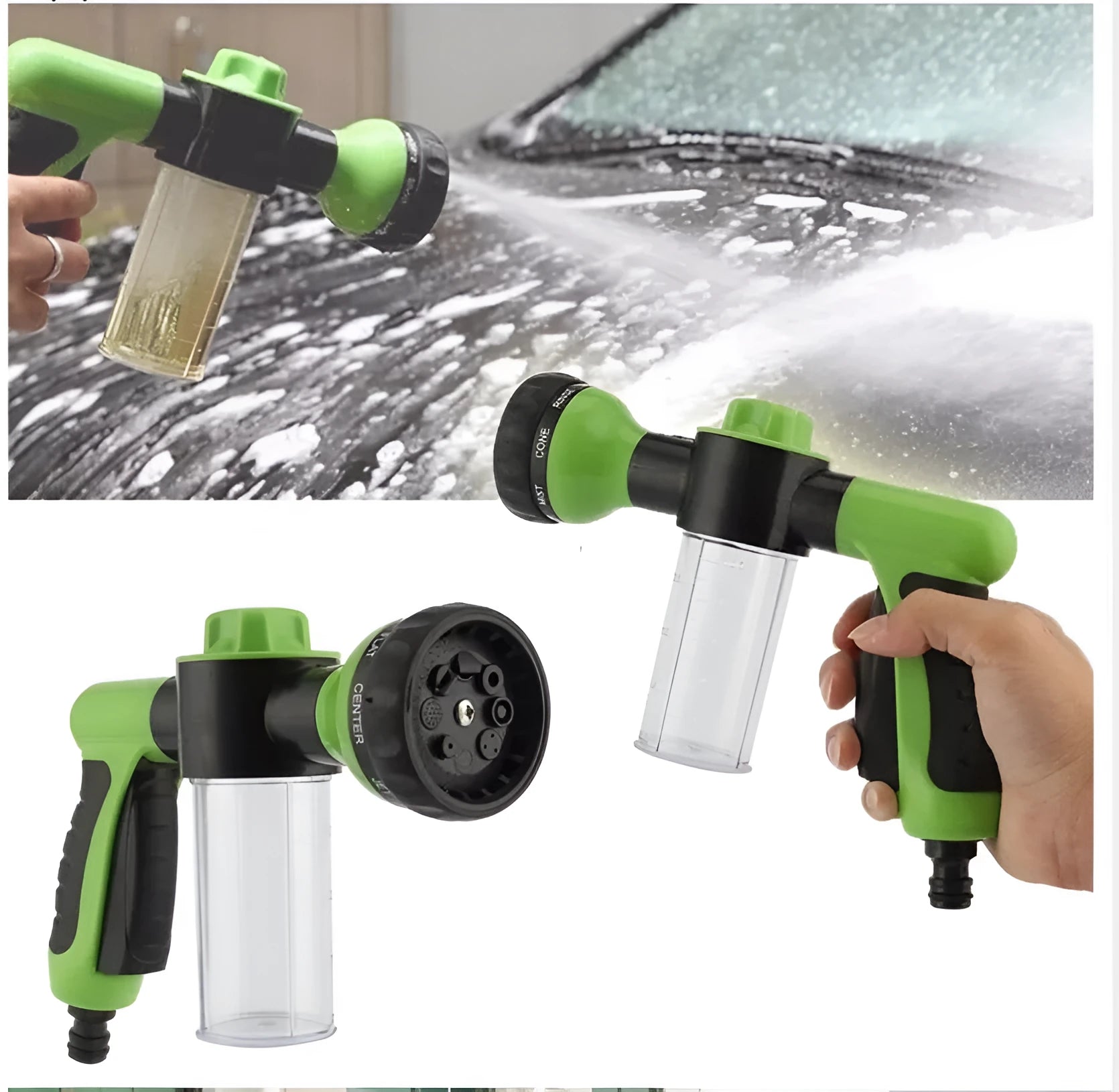 Green high-pressure foam spray gun with adjustable nozzle for car washing and garden use