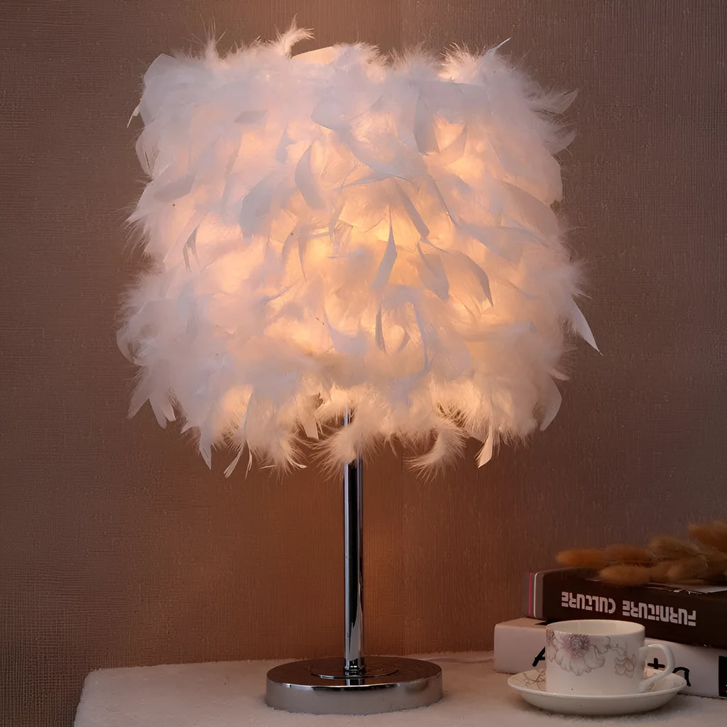 Feather bedside lamp with soft fur shade in pink, purple, red, white or wine red.