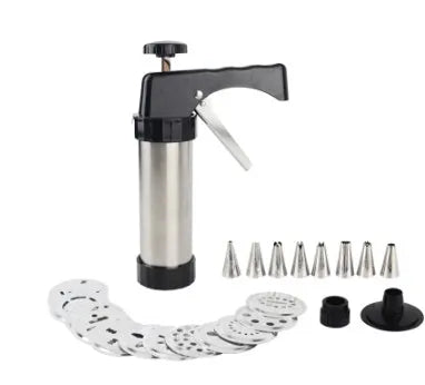 Stainless steel biscuit press gun with 13 cookie moulds and 8 piping nozzles for baking and cake decorating
