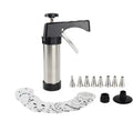 Stainless steel biscuit press gun with 13 cookie moulds and 8 piping nozzles for baking and cake decorating