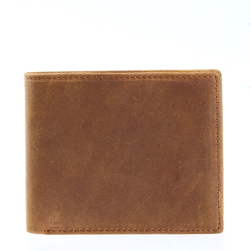 Brown horse leather men's ultra-thin short wallet with retro European style and card slots