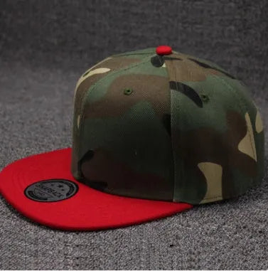 Camouflage cotton polyester flat brim snapback baseball cap with adjustable closure