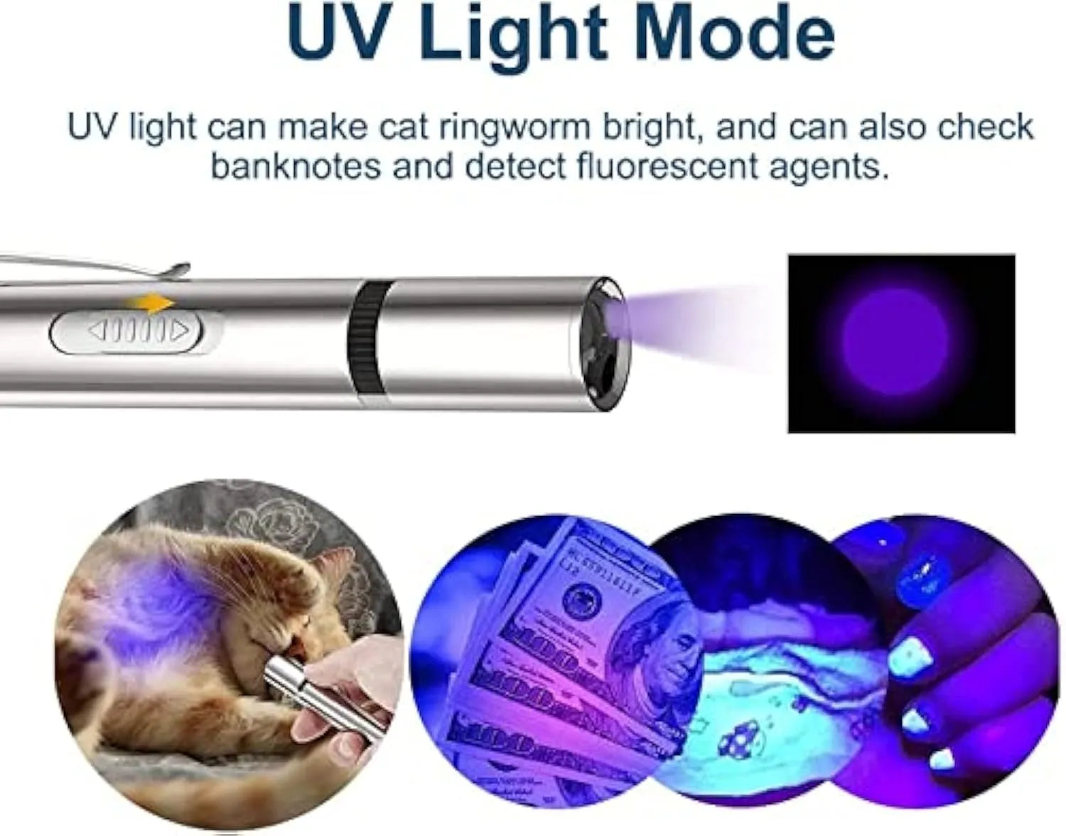 Silver aluminium cat toy pointer with USB charging showing multiple light pattern projections