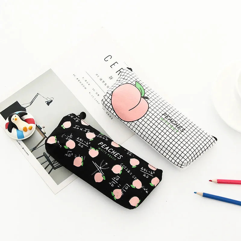 Rectangular canvas pen pouch 20cm x 8.5cm in Grid, White Peaches, black and white options