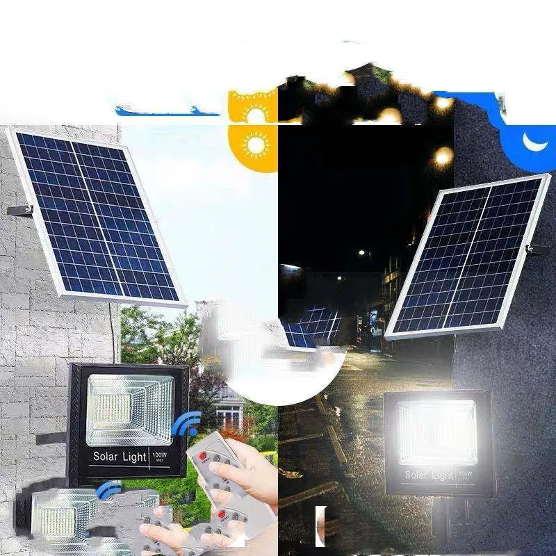 Black solar-powered LED flood light with remote control for garden and outdoor security lighting.