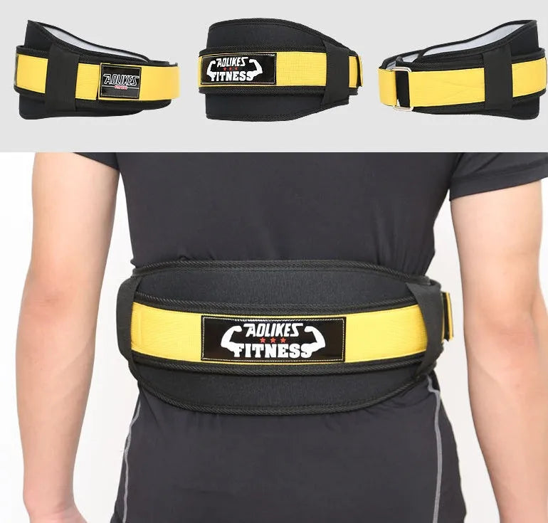 Nylon fitness weightlifting waistband in black, red, or yellow colours on a plain background.