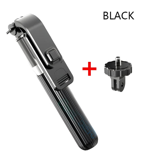 Adjustable aluminium tripod selfie stick for Apple iPhones showing extended and collapsed positions