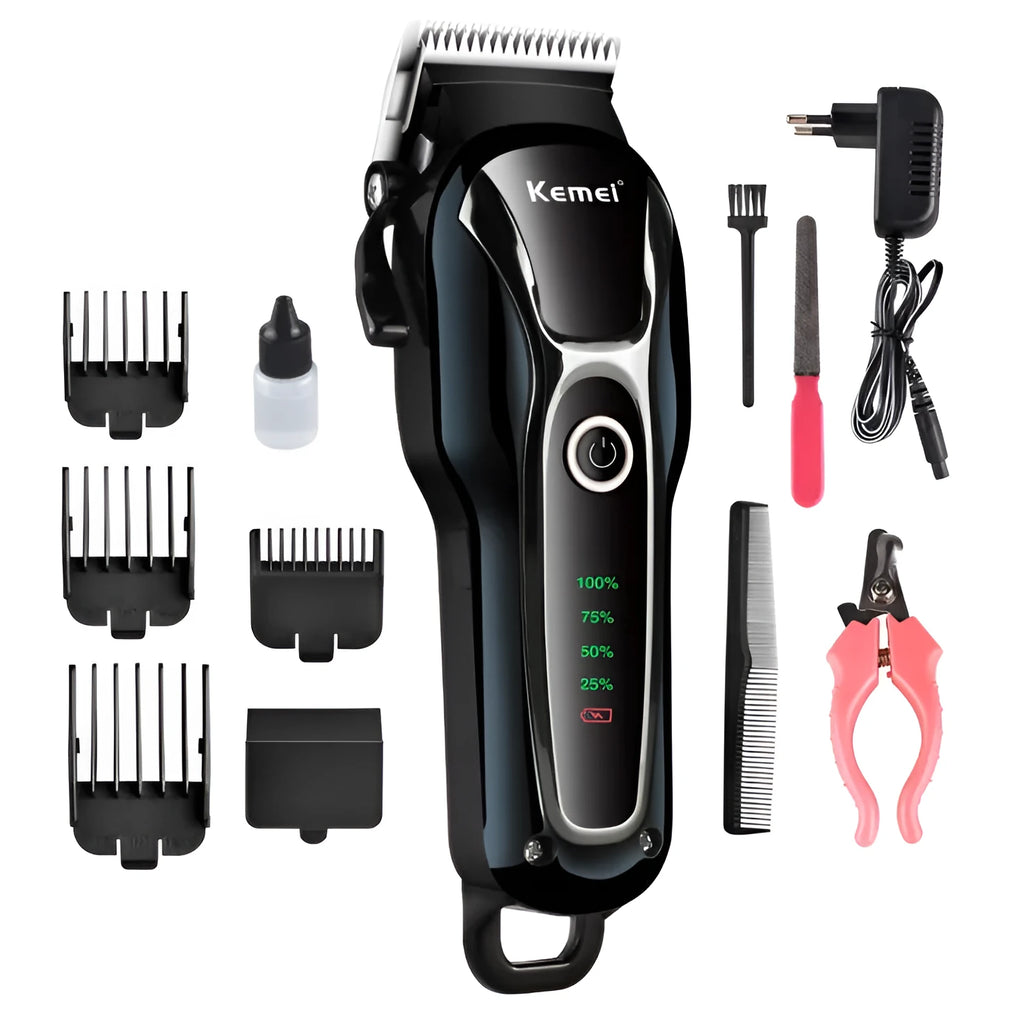 Black rechargeable pet fader clipper with patented blade on white background