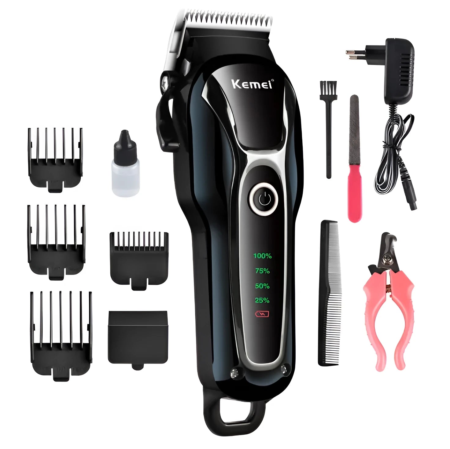 Black rechargeable pet fader clipper with patented blade on white background