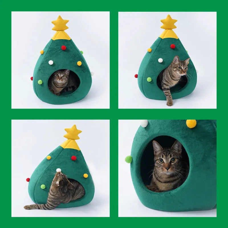 Red Christmas tree shaped cave pet bed with plush interior for a cat or small dog.