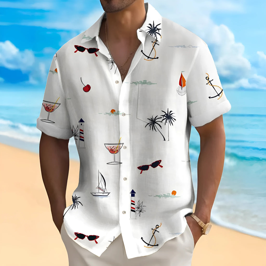 Man wearing a loose-fit digital print Hawaiian shirt in a colourful pattern.