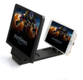 Black foldable mobile phone stand with screen amplifier and radiation shield in open position.