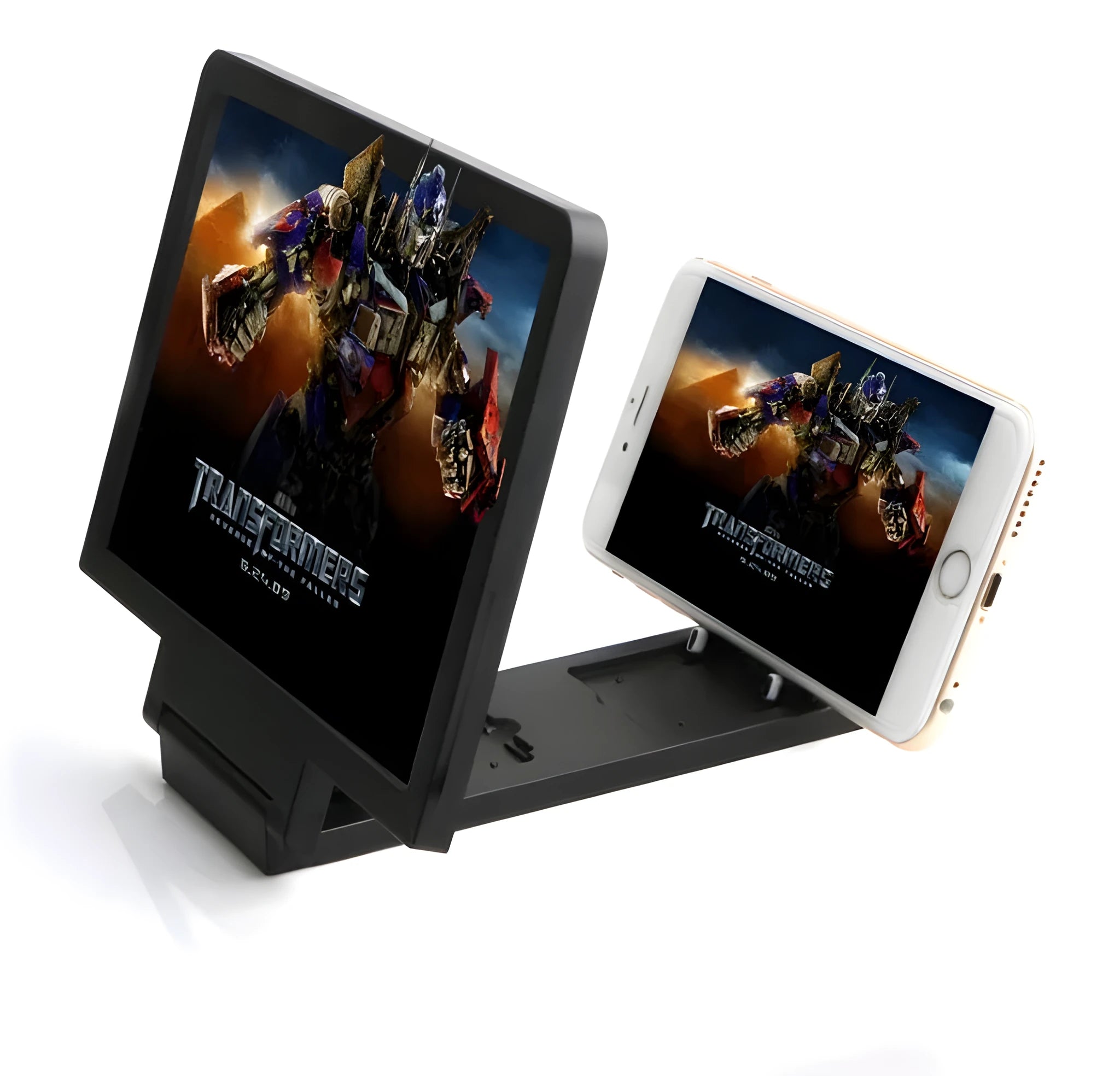 Black foldable mobile phone stand with screen amplifier and radiation shield in open position.