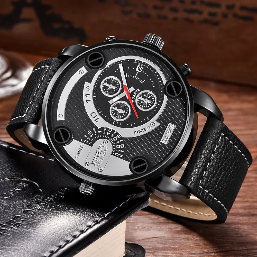 Men's big face watch with leather strap, date display, 5cm dial, 25cm strap, available in black khaki red white