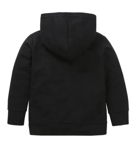 Children's black hooded sweater with white letter pattern, long sleeves, and pullover design