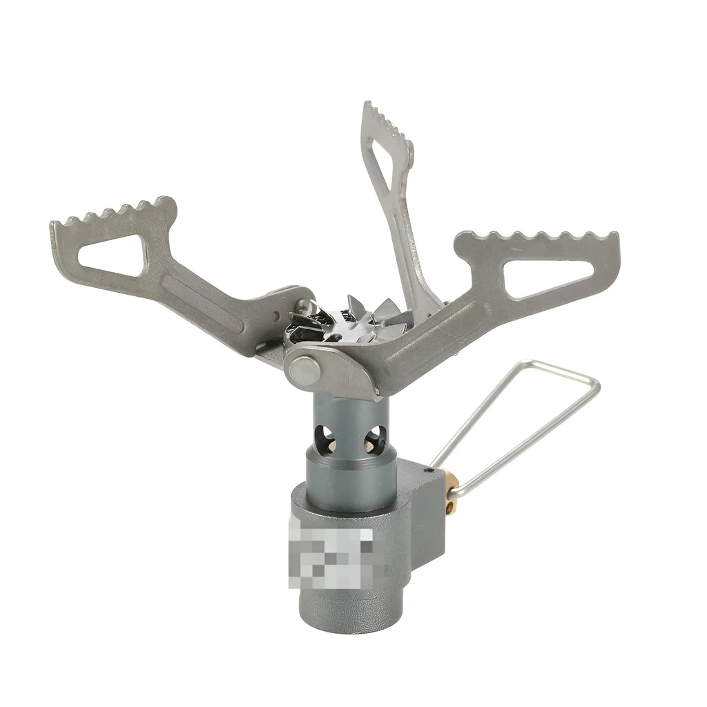 Compact portable gas camping stove with one-piece cast iron burner on a green background.