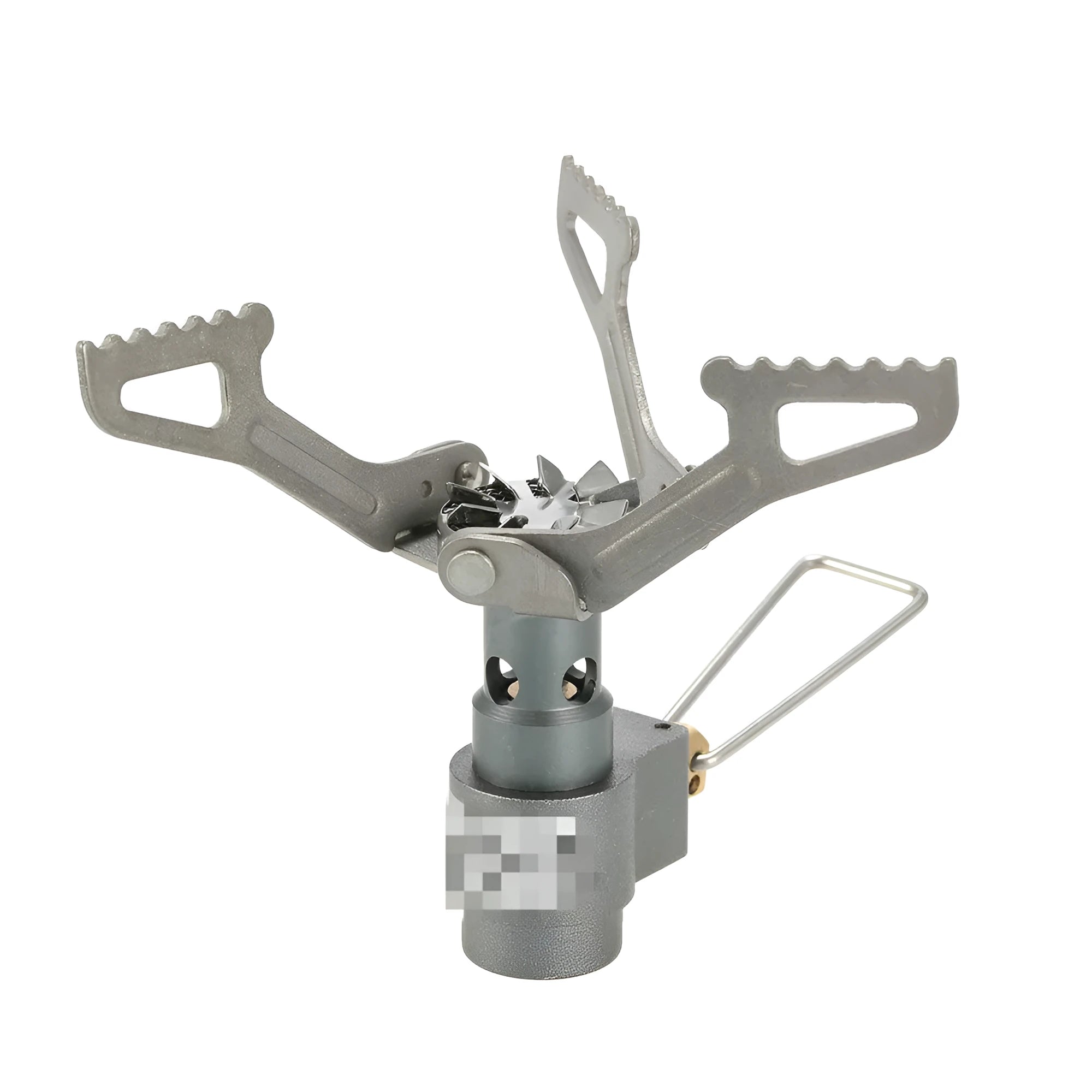 Compact portable gas camping stove with one-piece cast iron burner on a green background.