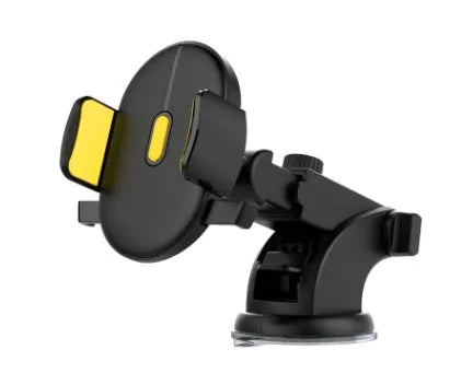 Yellow and black telescopic car phone holder with suction cup extended on a car dashboard.