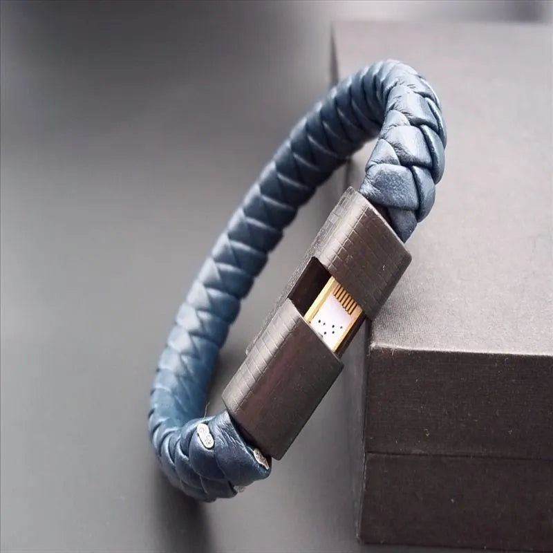 Leather woven data cable bracelet with USB Micro USB 8PIN, 22cm 24cm, black dark blue coffee gold red white