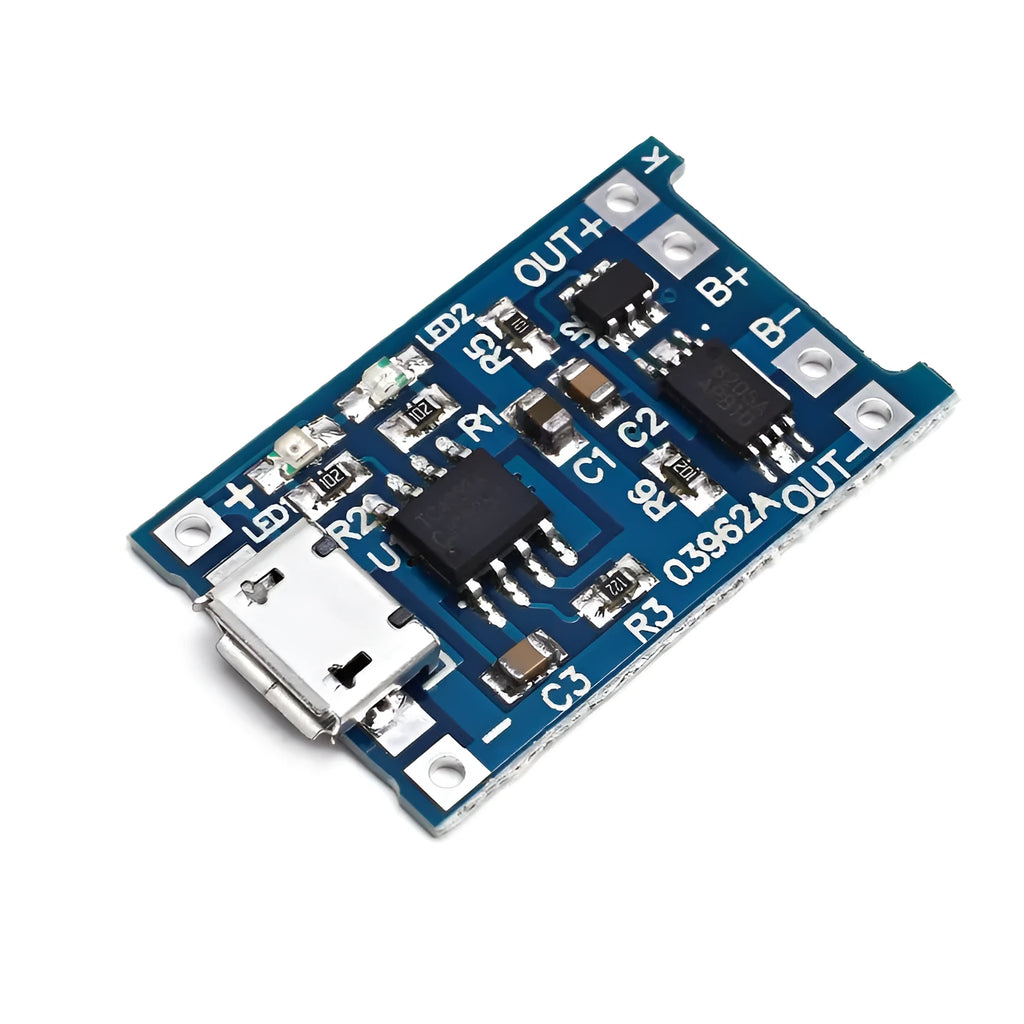 Small blue lithium battery charging and protection circuit board with labelled solder pads.