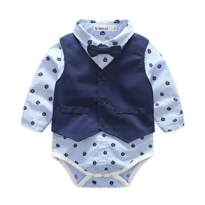 Young boy in blue cotton bow tie vest costume with shirt and pants for spring autumn