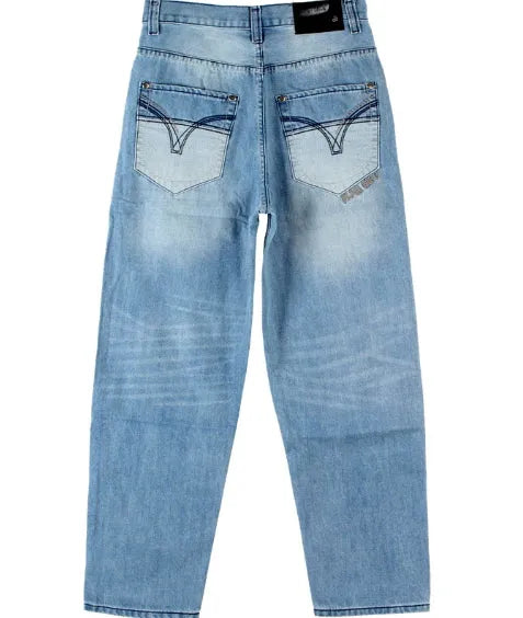 GAME TIME men's hip-hop jeans in light blue, loose straight leg cut, plus size, cotton with embroidery and wash detail