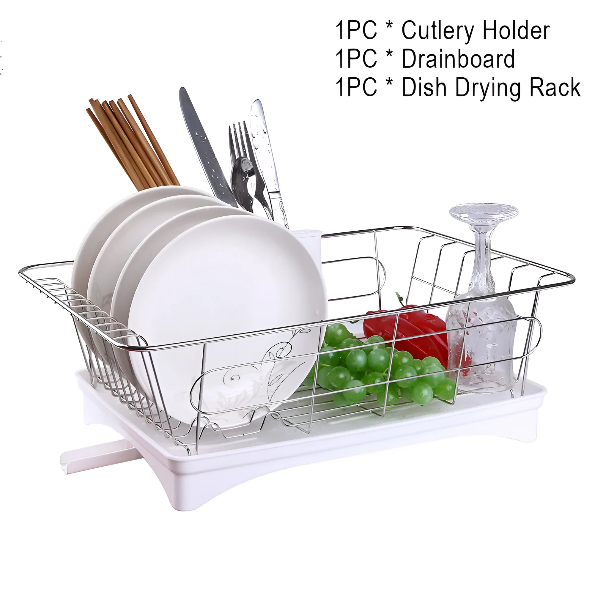 Black stainless steel counter top dish drying rack with plastic drain board and cutlery holder