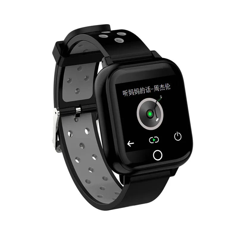 Black smartwatch bracelet with built-in Bluetooth earbuds showing a 1.4-inch screen displaying heart rate data.