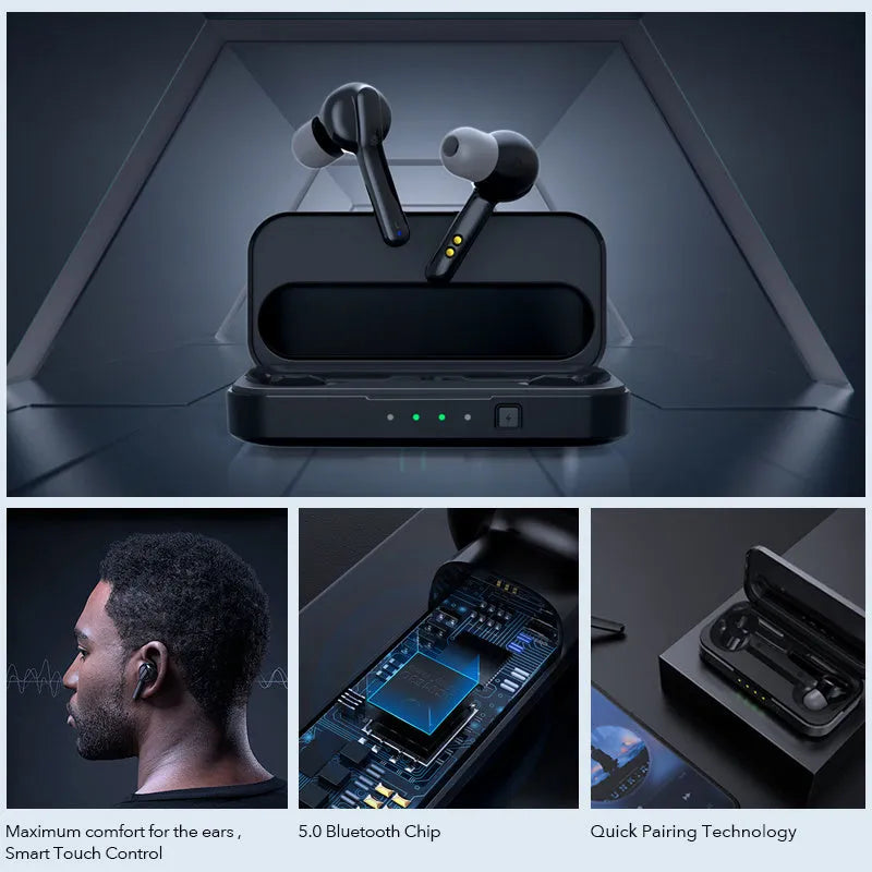 Black and white TWS wireless Bluetooth earbuds with charging case, showing discreet in-ear design.