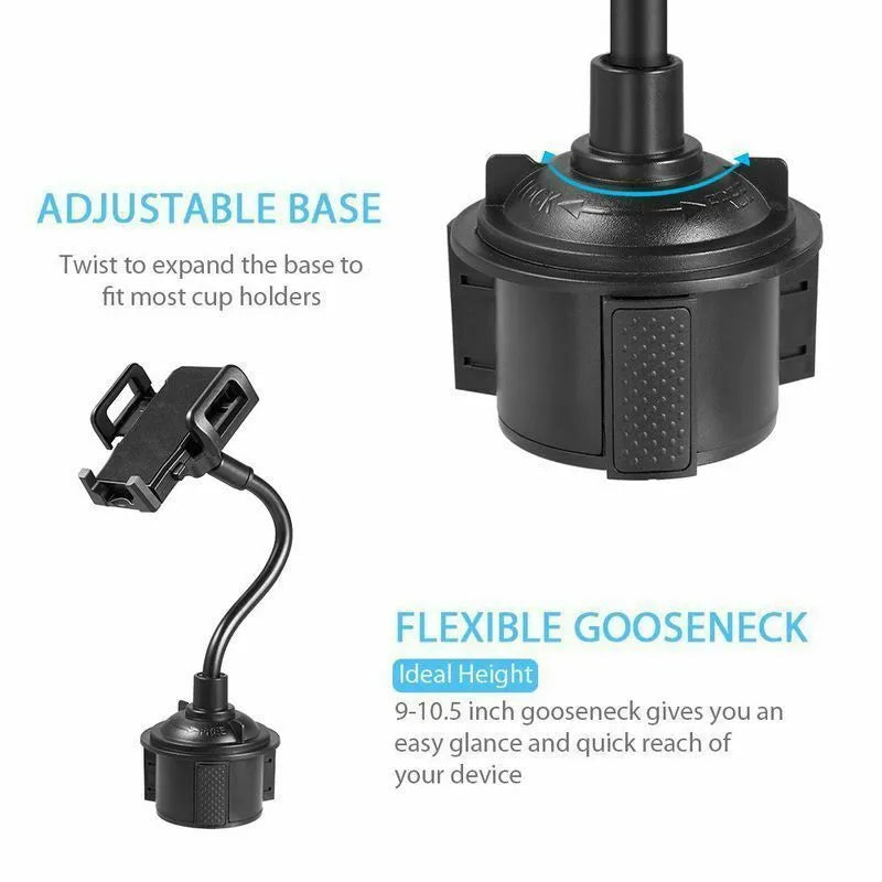 Black universal car phone holder with adjustable wings shown mounted on a car vent.
