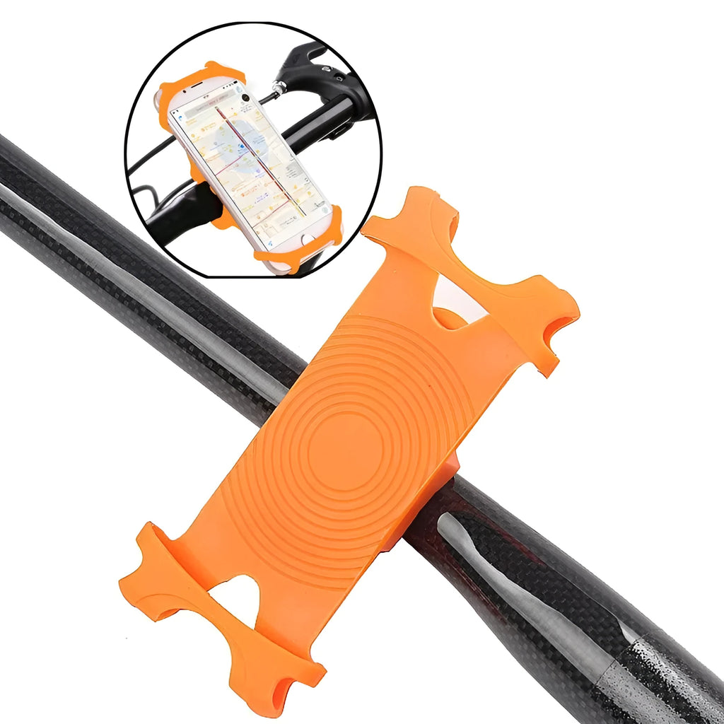 Adjustable silicone bicycle phone holder mounted on handlebar with smartphone secured