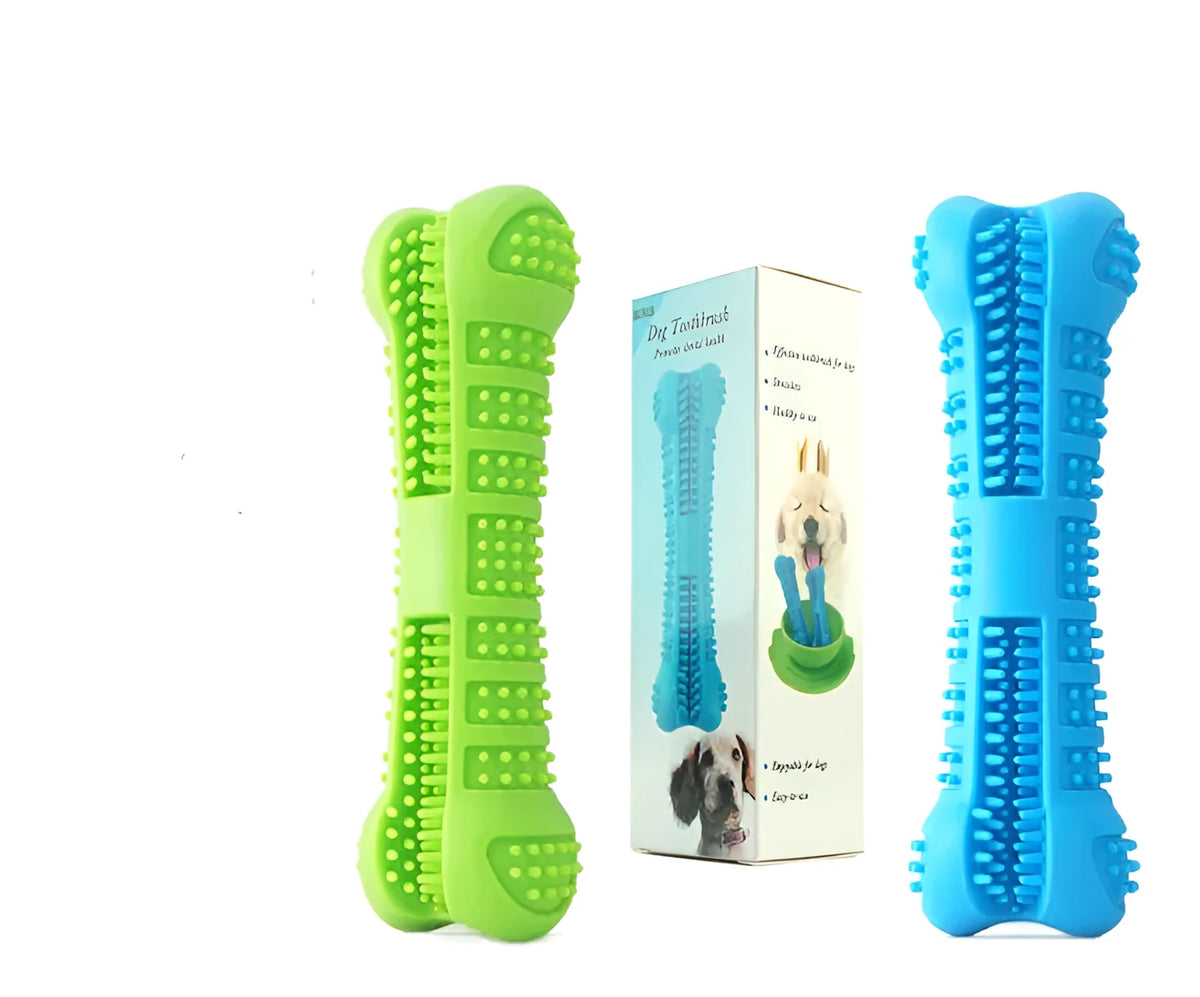 Silicone dog molar stick bone-shaped toothbrush with all-side bristles in blue and green