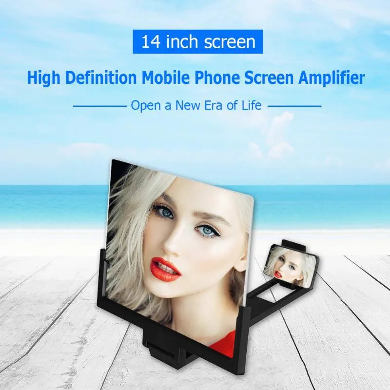 Black and white adjustable magnifying mobile phone stand on a table.