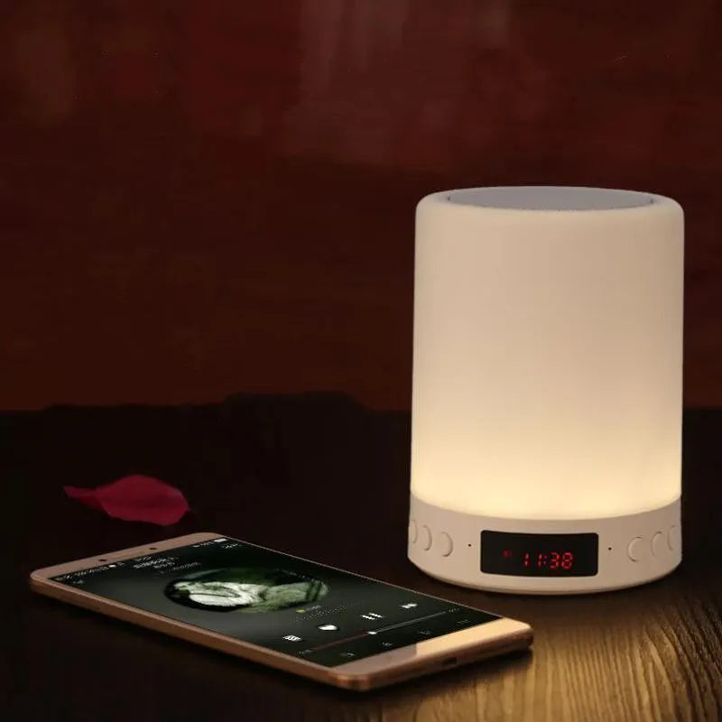 Household small cute portable Bluetooth speaker with warm light colourful lamp alarm clock desk lamp USB powered 13W