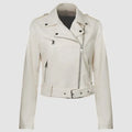 Women's black PU leather biker jacket with an adjustable waist belt, shown on a hanger.