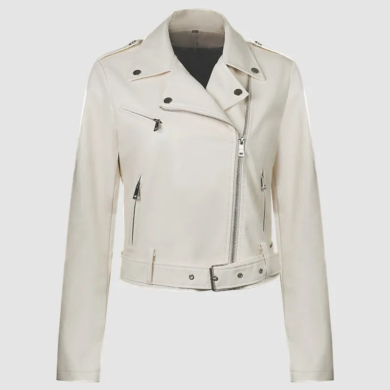 Women's black PU leather biker jacket with an adjustable waist belt, shown on a hanger.