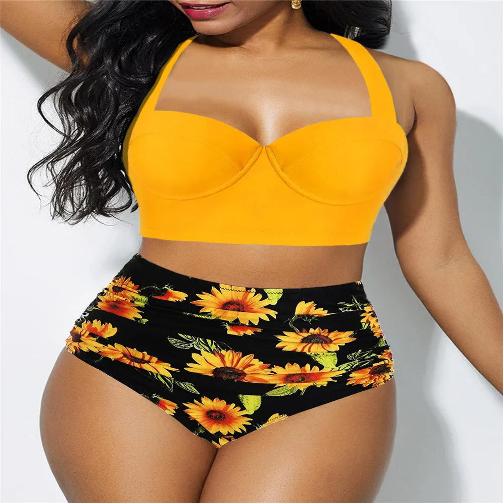 High-waisted plus size swimsuit in black flower design, polyester, no steel bracket, with chest cushion