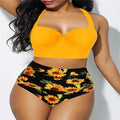 High-waisted plus size swimsuit in black flower design, polyester, no steel bracket, with chest cushion