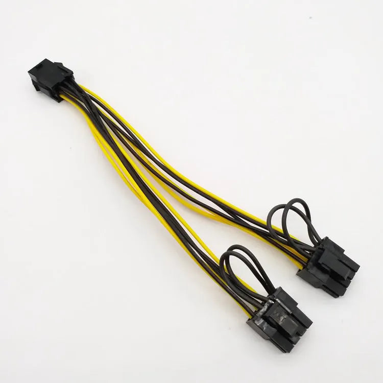 Yellow graphics card power adapter cable with 6-pin plug and two 8-pin (6+2) connectors