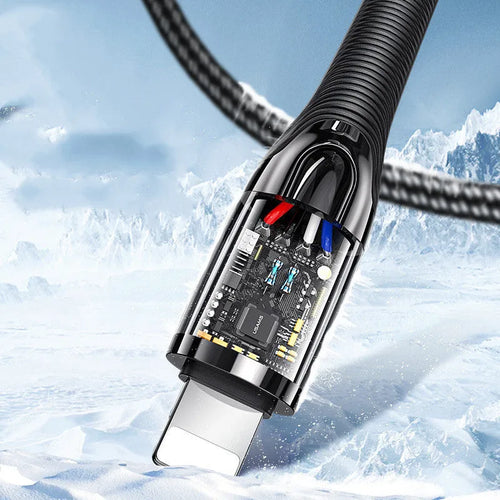 Black braided Lightning to USB cable with zinc alloy connectors for iPhone charging.