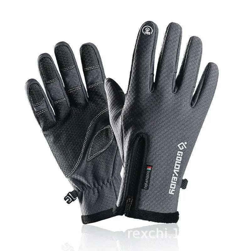 Pair of black polar fleece cycling gloves with split fingers and pattern, winter bike gear