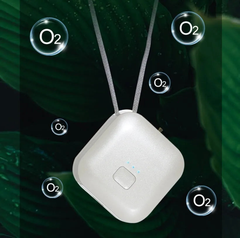 USB mini portable air purifier necklace in blue, grey, pink or white colours with charging cable