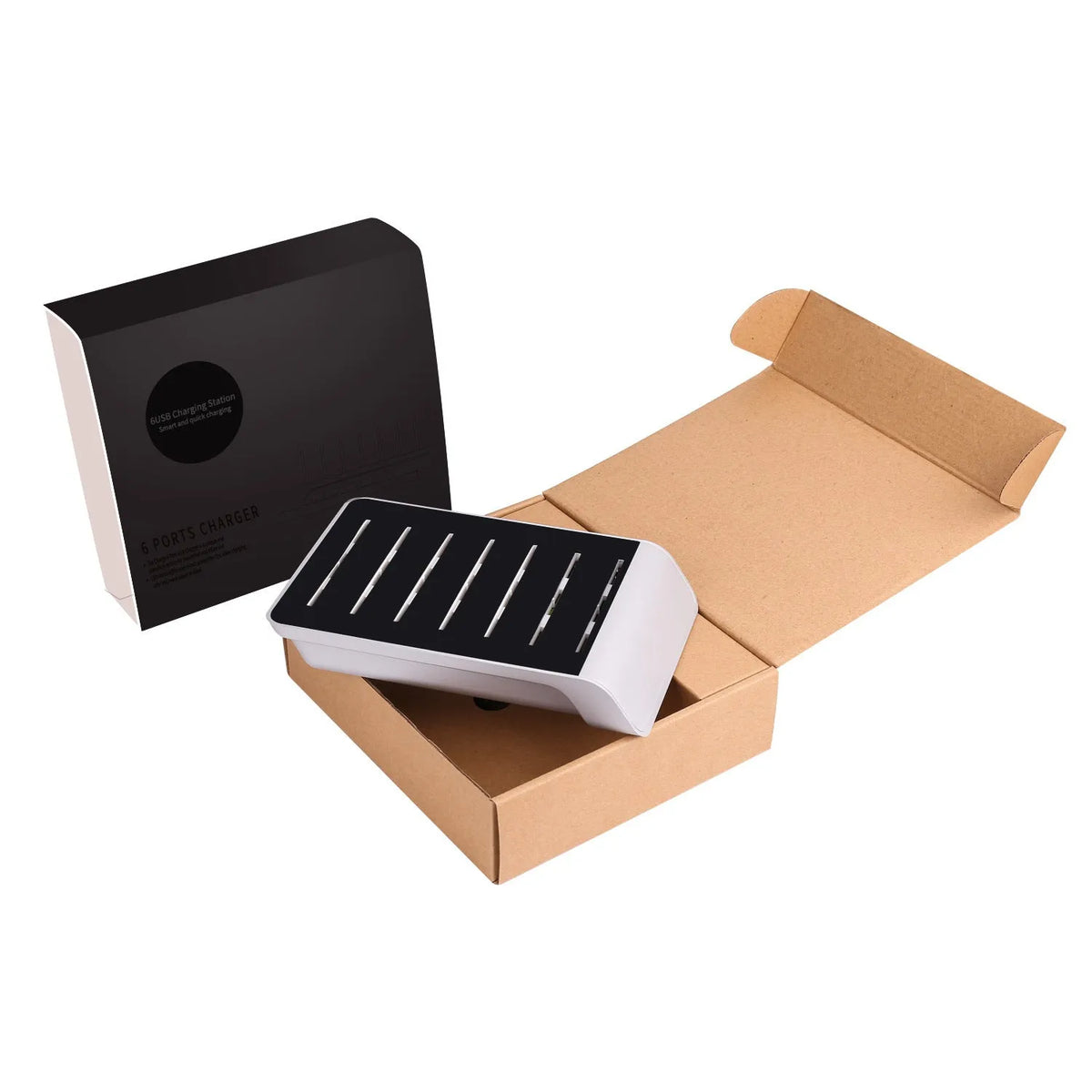 Six-port USB mobile phone charging stand in silver with multiple phones and tablets inserted, on a wooden desk
