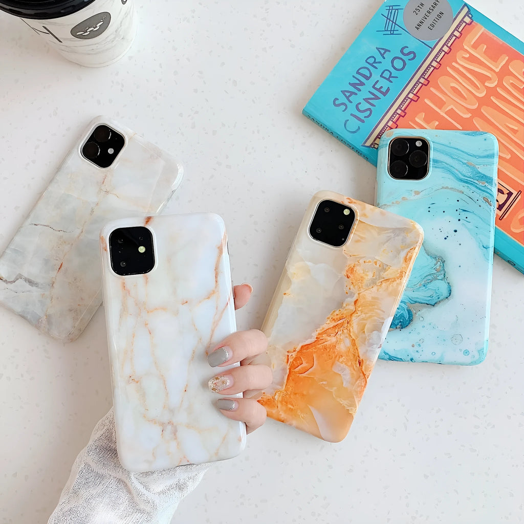 Frosty marble silicone phone case back cover with geometric pattern for iPhone models