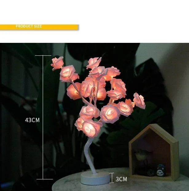 White and red PE cotton rose flower lamp with warm white LED lights on a table, with battery and USB power options.